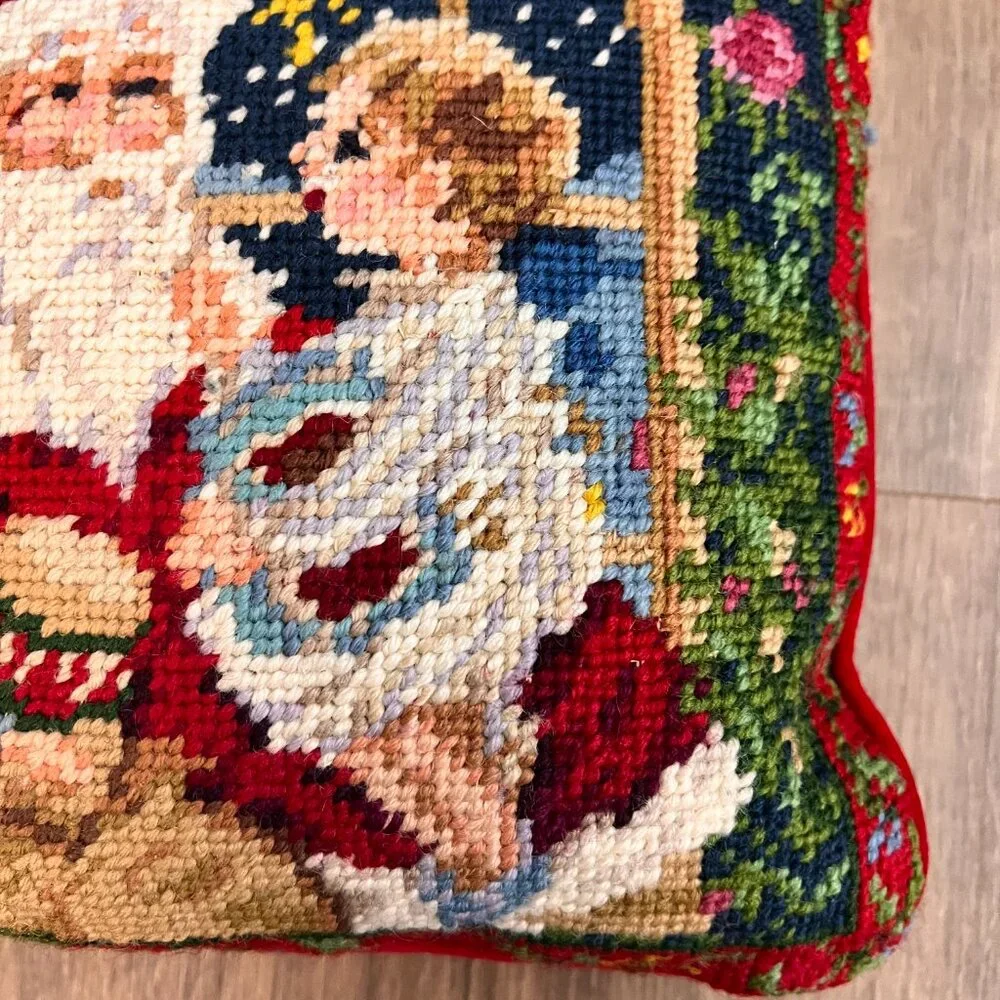 Vintage Needlepoint Christmas Throw Pillow Velvet Santa Holiday Decor